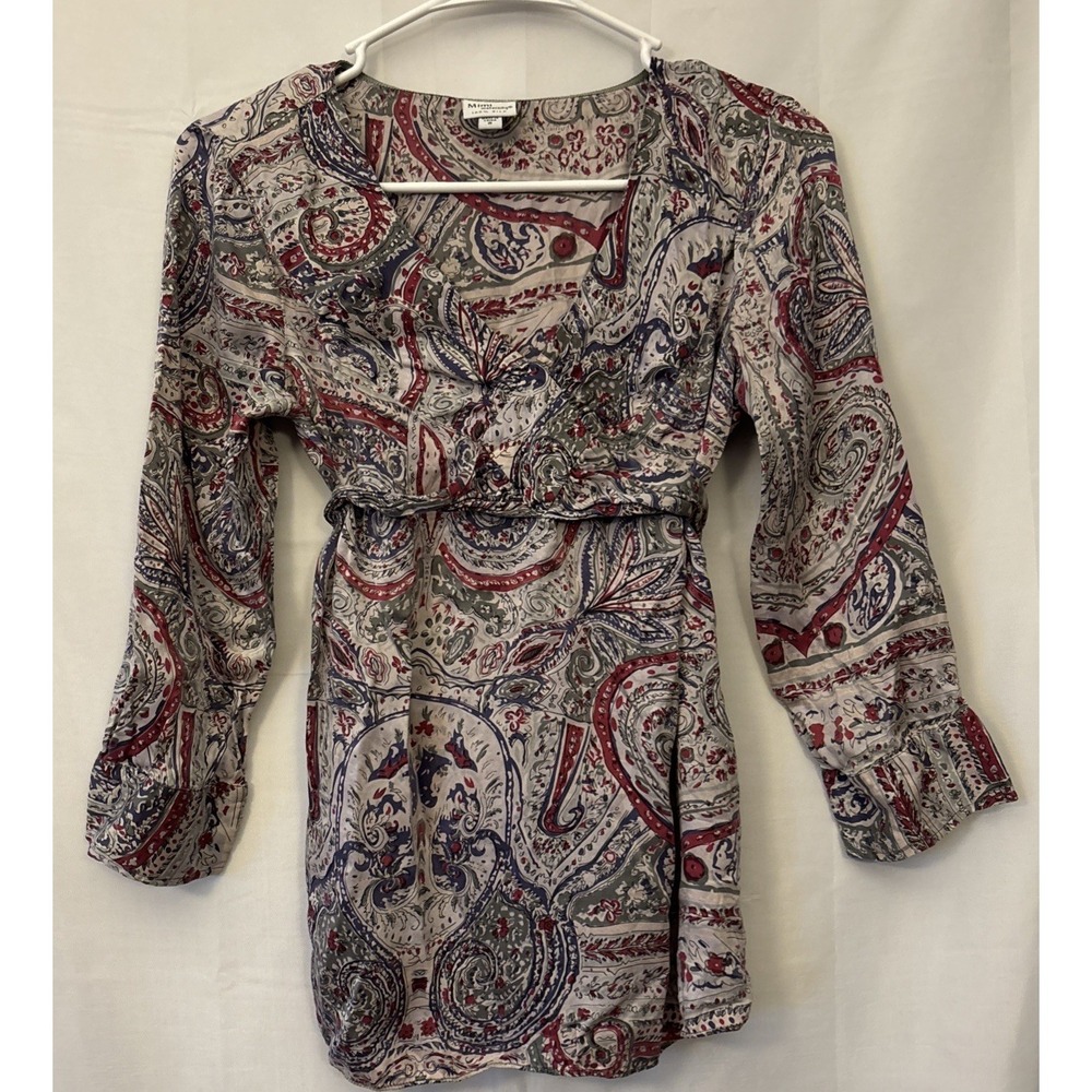 mimi maternity 100% Silk V Neck Tie Back Long Sleeve Floral Blouse Boho Artsy S